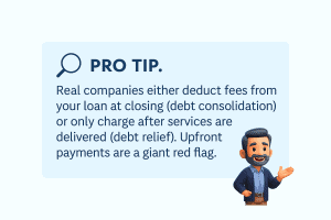 Pro Tip highlighting the warning signs of debt consolidation and debt relief scams, with advice about upfront payments.