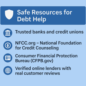 List of trusted resources for safe debt help, including NFCC, CFPB, banks, and verified lenders.