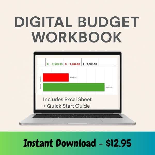 A promotional graphic for a downloadable digital budget workbook, featuring bold text, a clean beige background, and a laptop displaying an Excel spreadsheet with income and expense tracking.